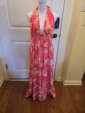 Anna-Kaci Pink Floral Halter Maxi Dress with Smocked Waist